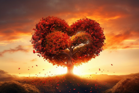 heart shaped tree with beautiful sunset. generative aiの素材