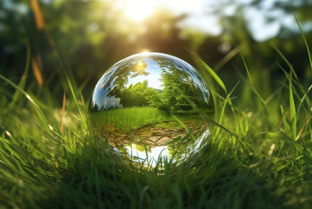the glass ball on the green grass reflected nature landscape. generative aiの素材