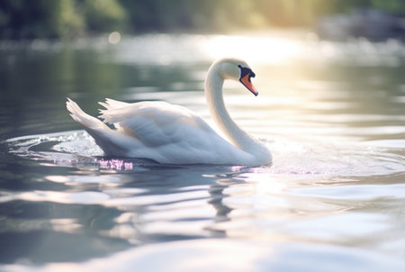 white swan swimming over river with blurred background. generative aiの素材