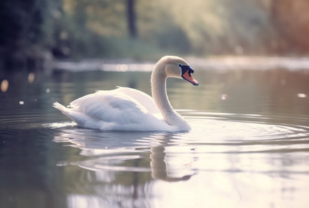 white swan swimming over river with blurred background. generative aiの素材