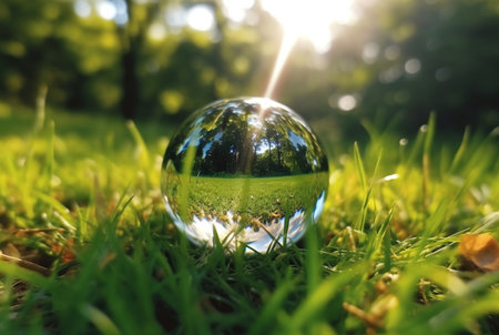 the glass ball on the green grass reflected nature landscape. generative aiの素材