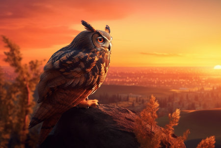 owl on the hill with the beauty of the sunset in the afternoon. generative aiの素材