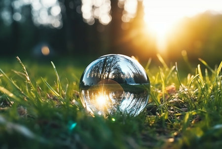 the glass ball on the green grass reflected nature landscape. generative aiの素材