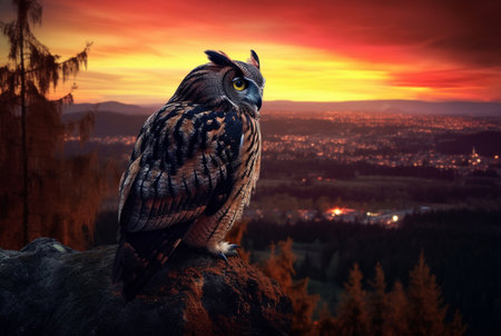 owl on the hill with the beauty of the sunset in the afternoon. generative aiの素材