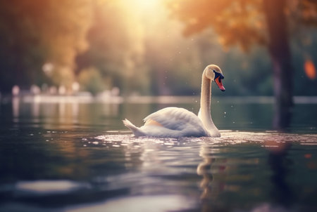 white swan swimming over river with blurred background. generative aiの素材