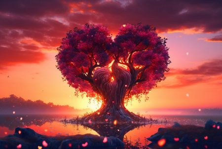 heart shaped tree with beautiful sunset. generative aiの素材