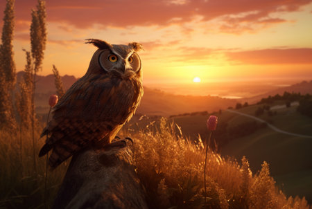 owl on the hill with the beauty of the sunset in the afternoon. generative aiの素材