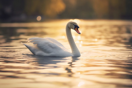 white swan swimming over river with blurred background. generative aiの素材