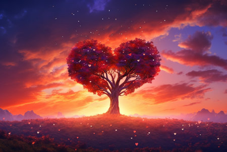 heart shaped tree with beautiful sunset. generative aiの素材