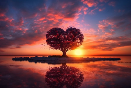 heart shaped tree with beautiful sunset. generative aiの素材