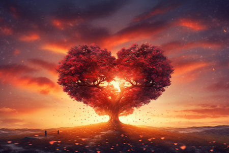 heart shaped tree with beautiful sunset. generative aiの素材