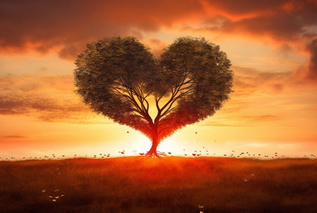 heart shaped tree with beautiful sunset. generative aiの素材