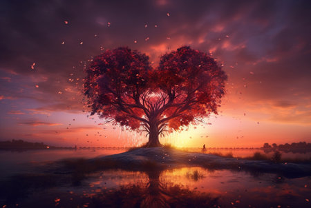 heart shaped tree with beautiful sunset. generative aiの素材