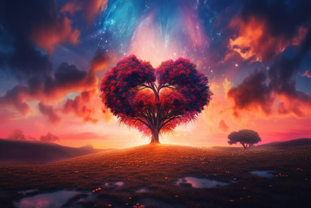 heart shaped tree with beautiful sunset. generative aiの素材