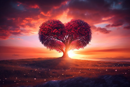 heart shaped tree with beautiful sunset. generative aiの素材