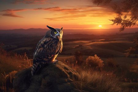 owl on the hill with the beauty of the sunset in the afternoon. generative aiの素材