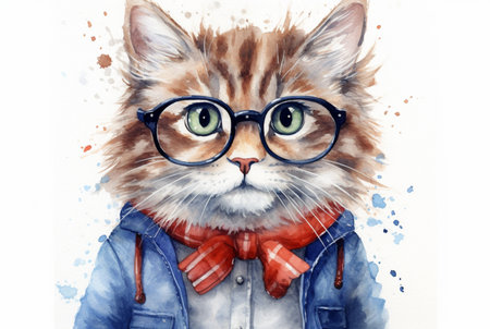 cute cat wearing glasses. watercolor effect. generative aiの素材