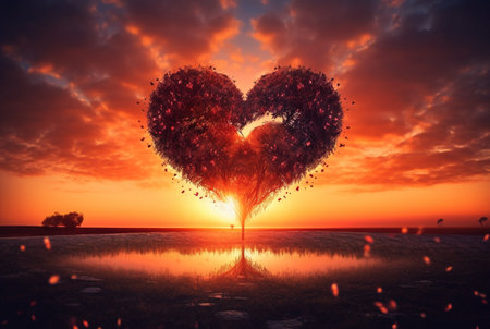 heart shaped tree with beautiful sunset. generative aiの素材