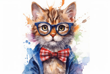 cute cat wearing glasses. watercolor effect. generative aiの素材