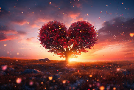 heart shaped tree with beautiful sunset. generative aiの素材