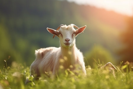 goat in the green grass of the garden with blurred background. generative aiの素材