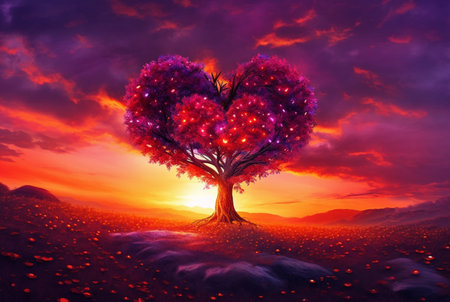 heart shaped tree with beautiful sunset. generative aiの素材