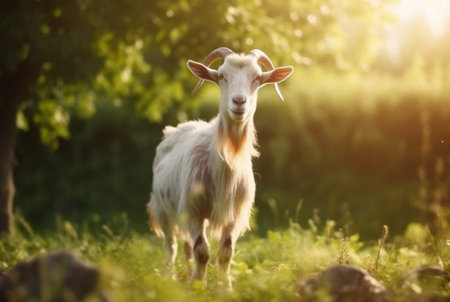 goat in the green grass of the garden with blurred background. generative aiの素材