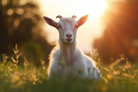goat in the green grass of the garden with blurred background. generative aiの素材