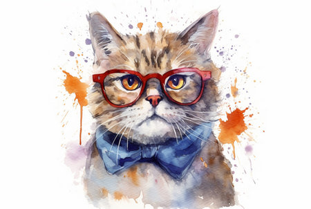 cute cat wearing glasses. watercolor effect. generative aiの素材