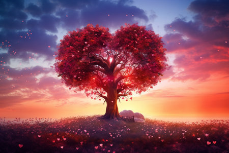 heart shaped tree with beautiful sunset. generative aiの素材