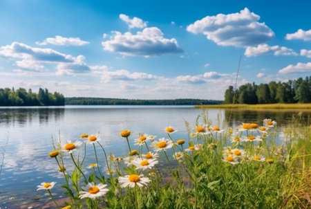 beautiful lake view with flowers and green grass. generative aiの素材