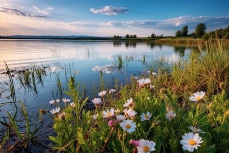 beautiful lake view with flowers and green grass. generative aiの素材