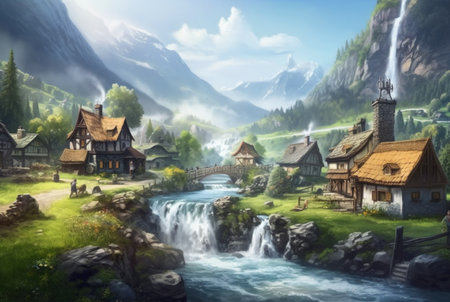 a small village with a beautiful waterfall. generative aiの素材