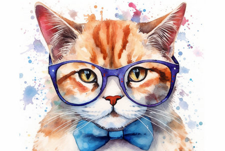 cute cat wearing glasses. watercolor effect. generative aiの素材