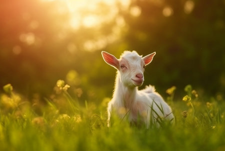 goat in the green grass of the garden with blurred background. generative aiの素材