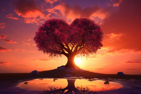 heart shaped tree with beautiful sunset. generative aiの素材