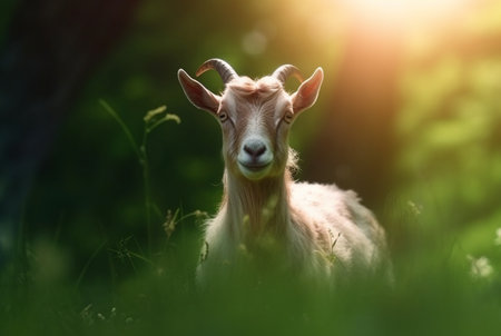 goat in the green grass of the garden with blurred background. generative aiの素材