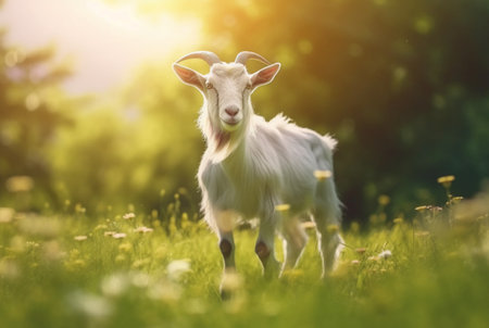 goat in the green grass of the garden with blurred background. generative aiの素材