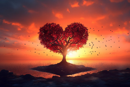 heart shaped tree with beautiful sunset. generative aiの素材