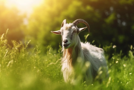 goat in the green grass of the garden with blurred background. generative aiの素材
