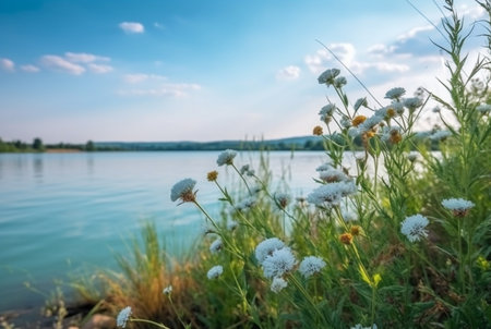 beautiful lake view with flowers and green grass. generative aiの素材
