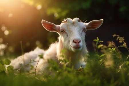 goat in the green grass of the garden with blurred background. generative aiの素材