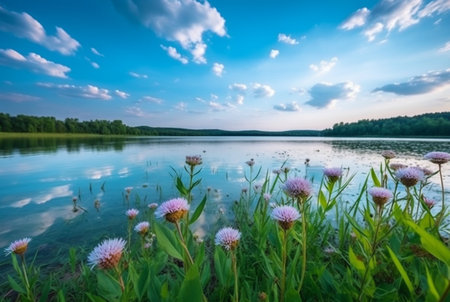 beautiful lake view with flowers and green grass. generative aiの素材