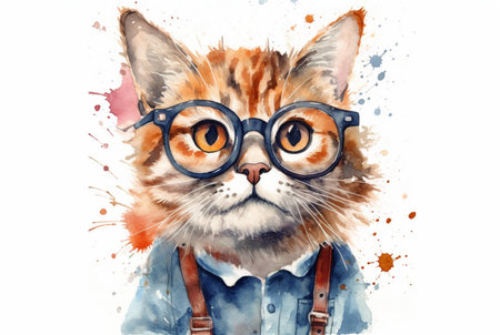 cute cat wearing glasses. watercolor effect. generative aiの素材