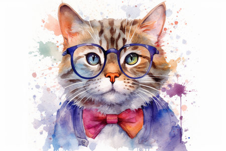 cute cat wearing glasses. watercolor effect. generative aiの素材