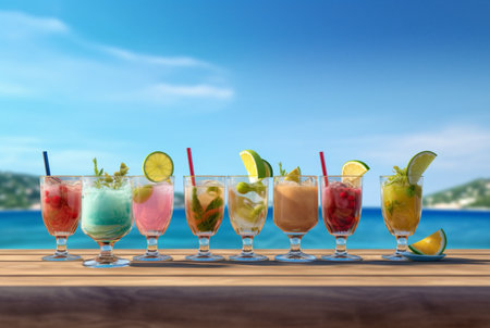 assorted summer cocktails on a wooden table with a beautiful beach setting. generative aiの素材