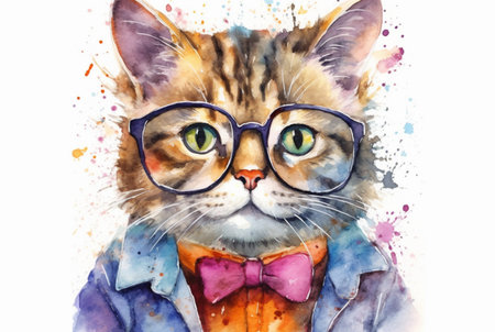 cute cat wearing glasses. watercolor effect. generative aiの素材