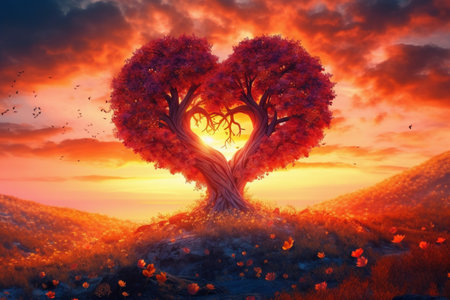 heart shaped tree with beautiful sunset. generative aiの素材