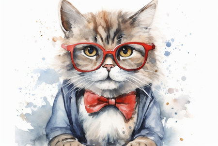 cute cat wearing glasses. watercolor effect. generative aiの素材