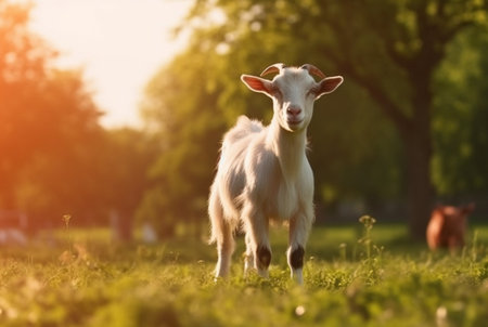 goat in the green grass of the garden with blurred background. generative aiの素材